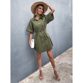 Button Front Shirred Waist Drop Shoulder Shirt Dress