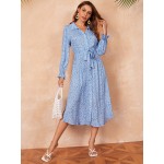 Floral Print Shirred Waist Tie Front Flounce Sleeve Dress