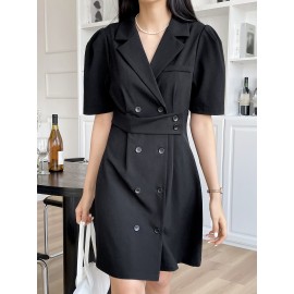 Double Breasted Lapel Neck Puff Sleeve Dress