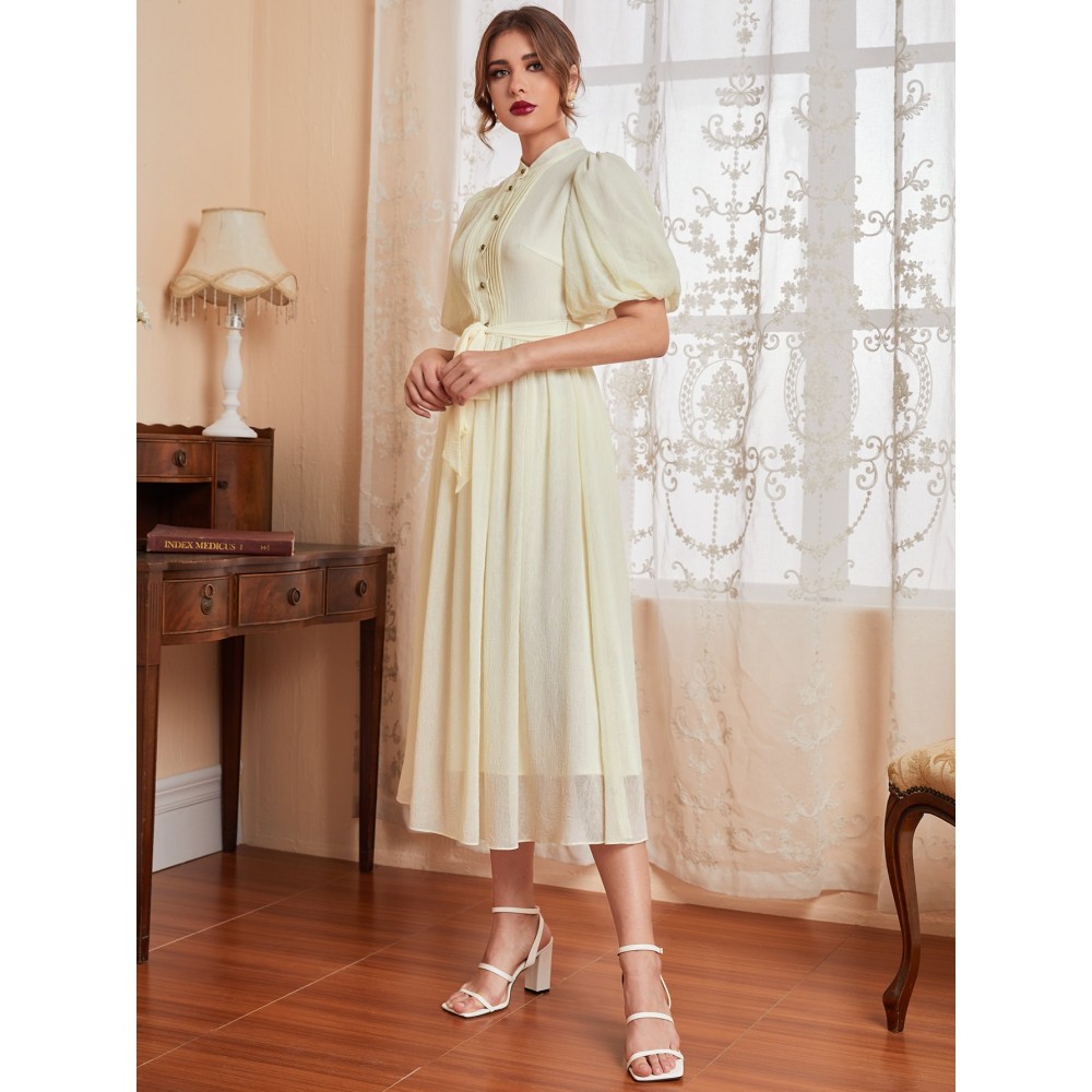 Puff Sleeve Fold Pleated Belted Shirt Dress Puff Sleeve Fold Pleated Belted Shirt Dress