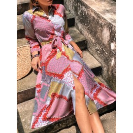 Random Scarf Print Belted Shirt Dress
