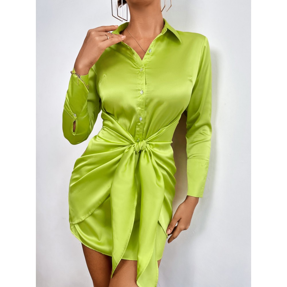 Solid Knot Front Satin Shirt Dress Solid Knot Front Satin Shirt Dress
