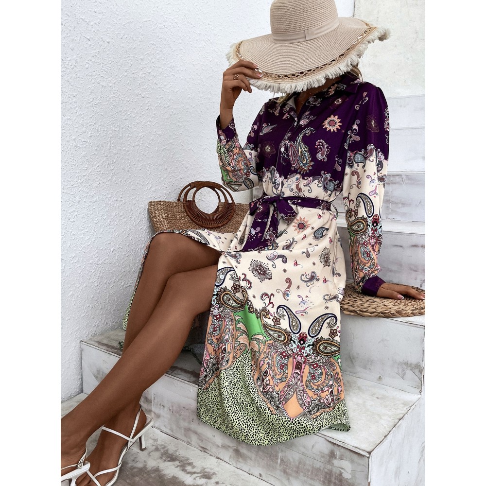 Paisley Print Button Up Belted Shirt Dress Paisley Print Button Up Belted Shirt Dress